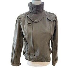 NESLAY Women’s Utility Military Jacket M Army Green Cotton Studded Moto Style